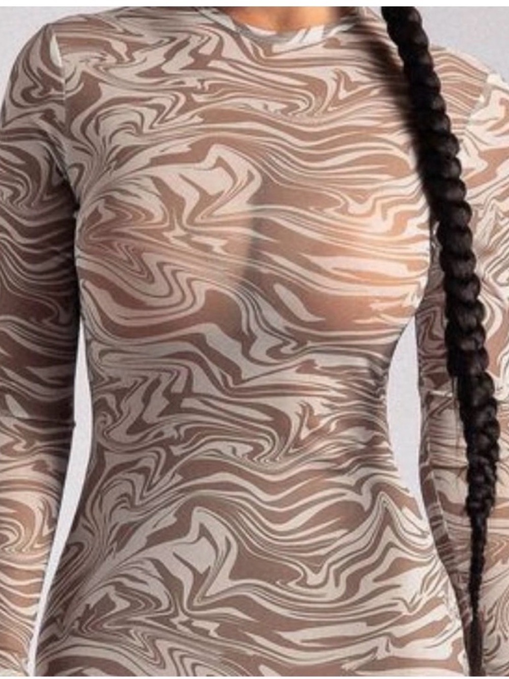 Swirl Print Sheer Long Sleeve Bodycon Top - Brown & Cream tags, never worn